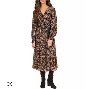 NWT Michael Kors Animal Print Long Sleeve Midi Belted Dress XS